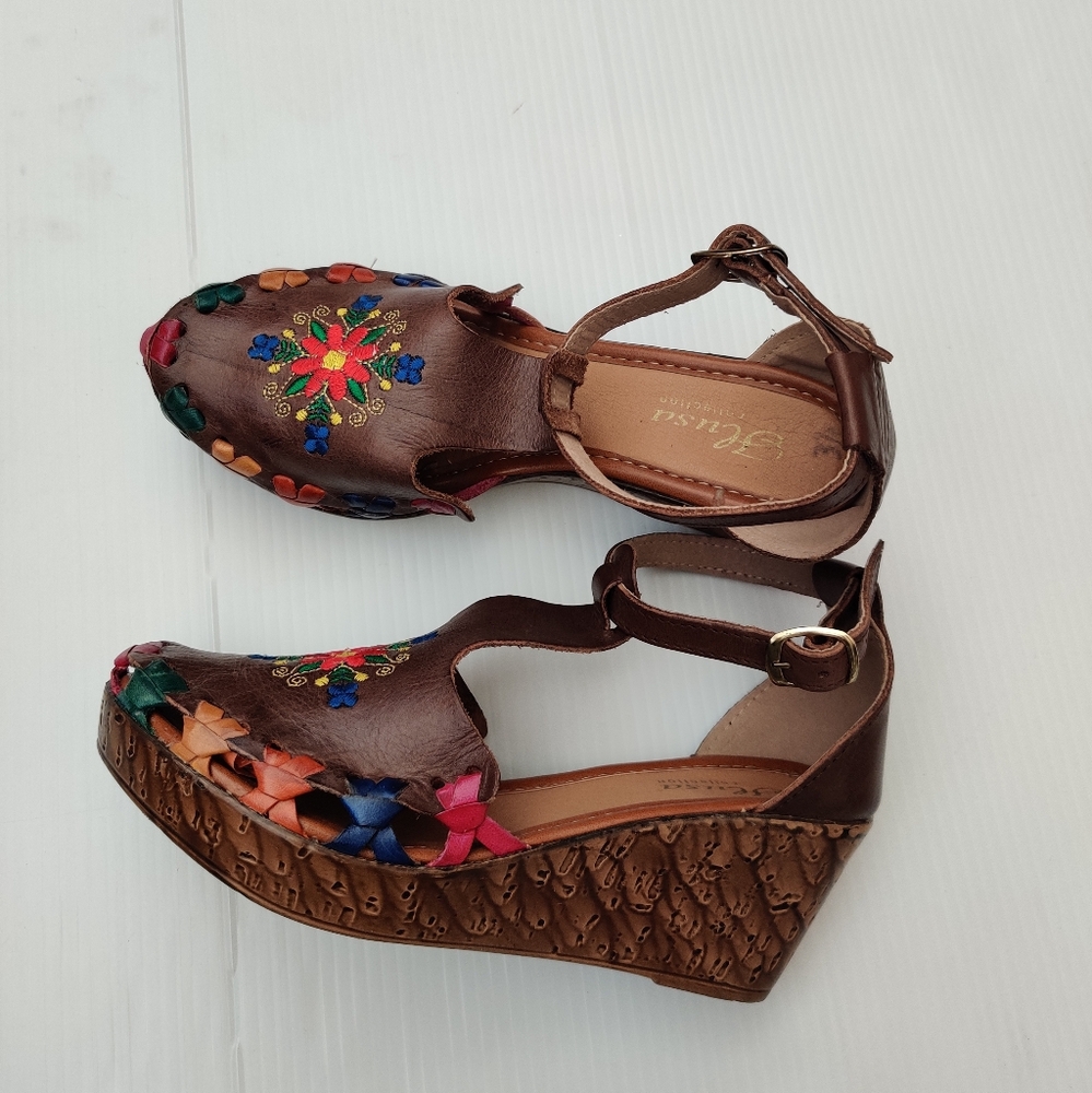 Handcrafted Leather Embroidered Brown Women's Wedge Sandals